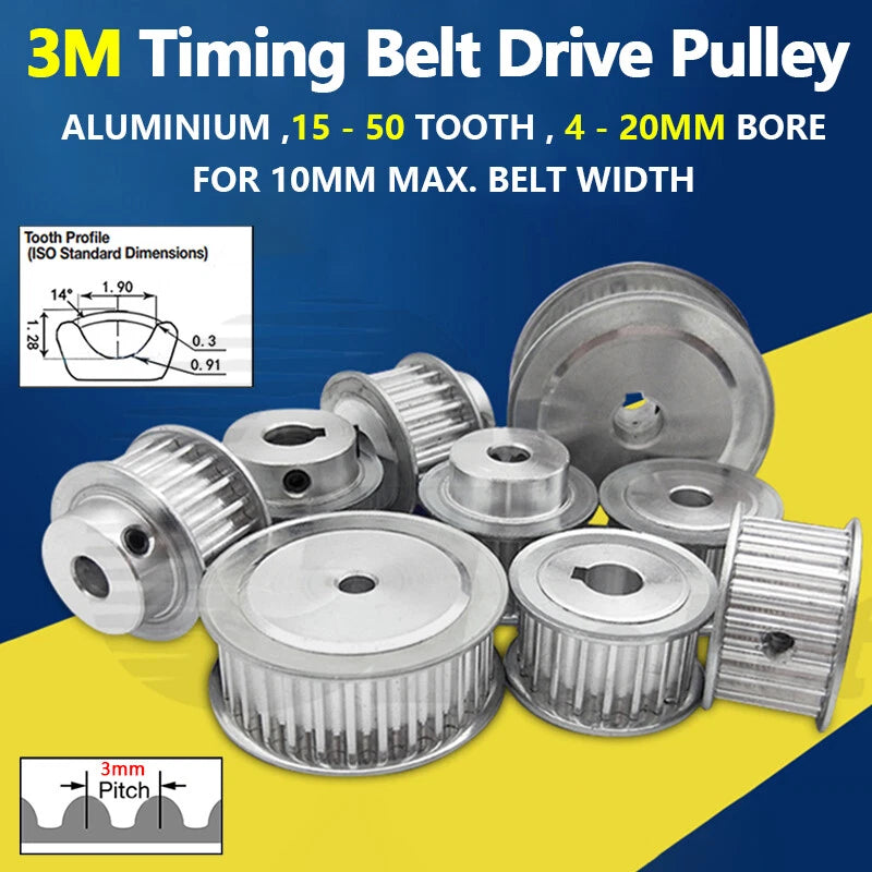 3M 10mm Timing Belt Drive Pulley 3mm Pitch 15 - 50 Tooth Without Hub 4-20mm Bore