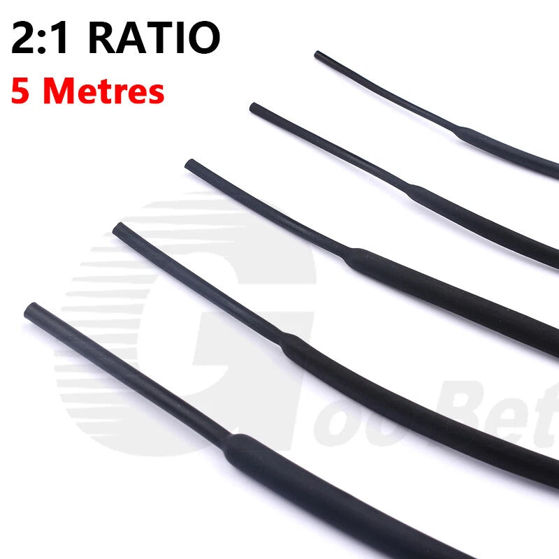 Black 2:1 Heat Shrink Tubing 3mm & 4mm — 5 Metre Roll, 600V Rated