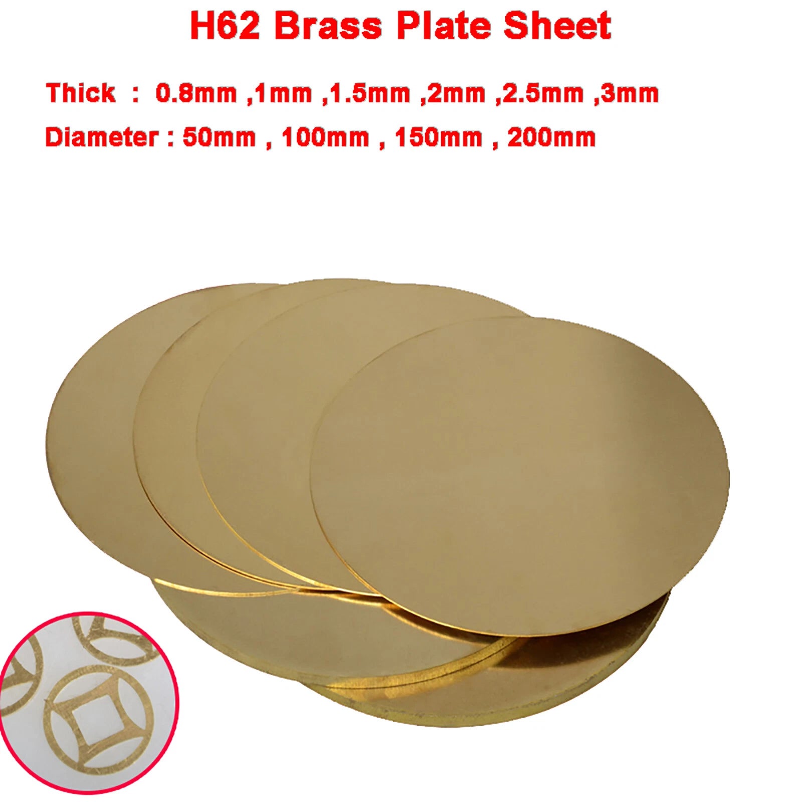 H62 Brass Plate Sheet Round Dia 50mm 100mm 200mm Thick 0.8mm 1 1.5mm 2 2.5mm 3mm