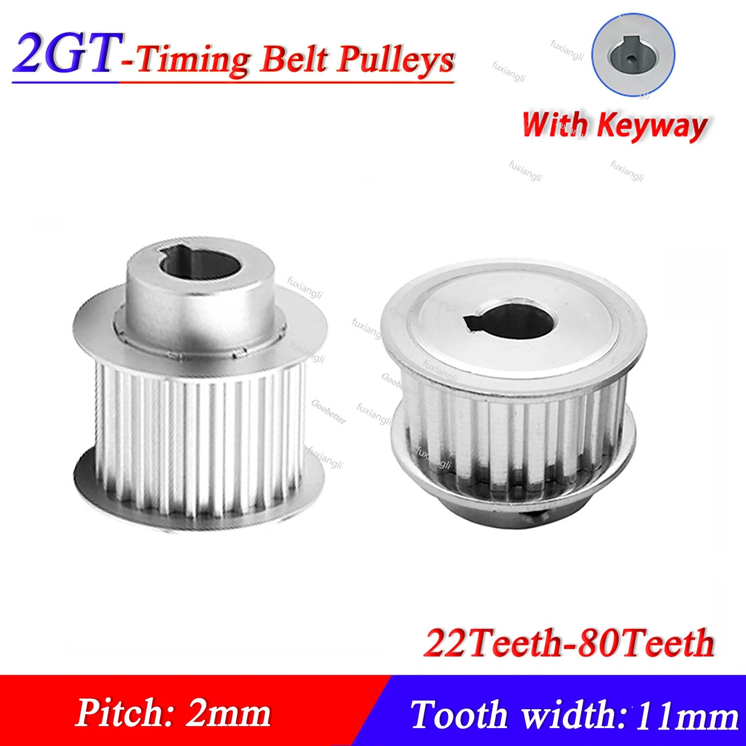 2GT 22T-80T Timing Belt Pulleys Pitch 2mm With Keyway Width 11mm For CNC Printer