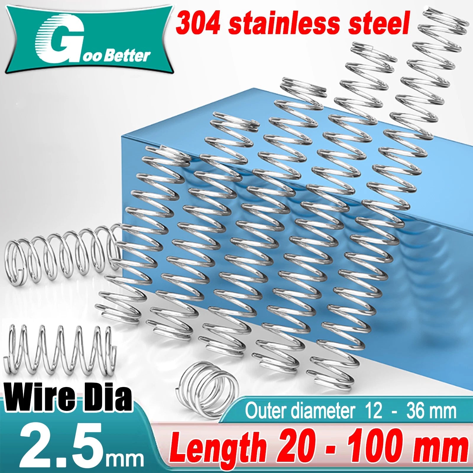 304 Stainless Steel Compression Spring Wire Dia 2.5mm, L 20-100mm, OD 12-36mm