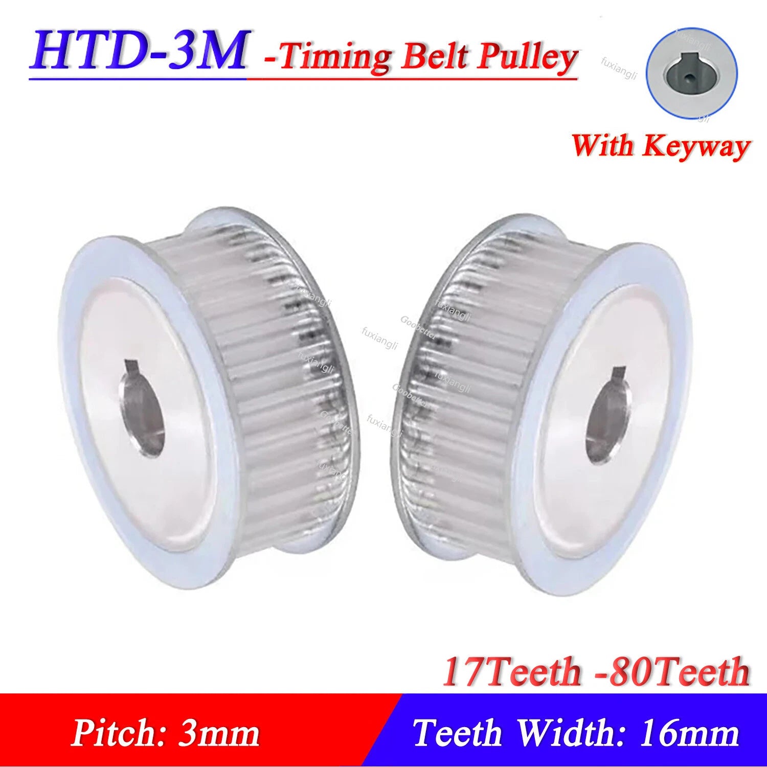 HTD-3M 17T-80T Timing Belt Pulley Pitch 3mm AF-type With Keyway Wheel Width 16mm