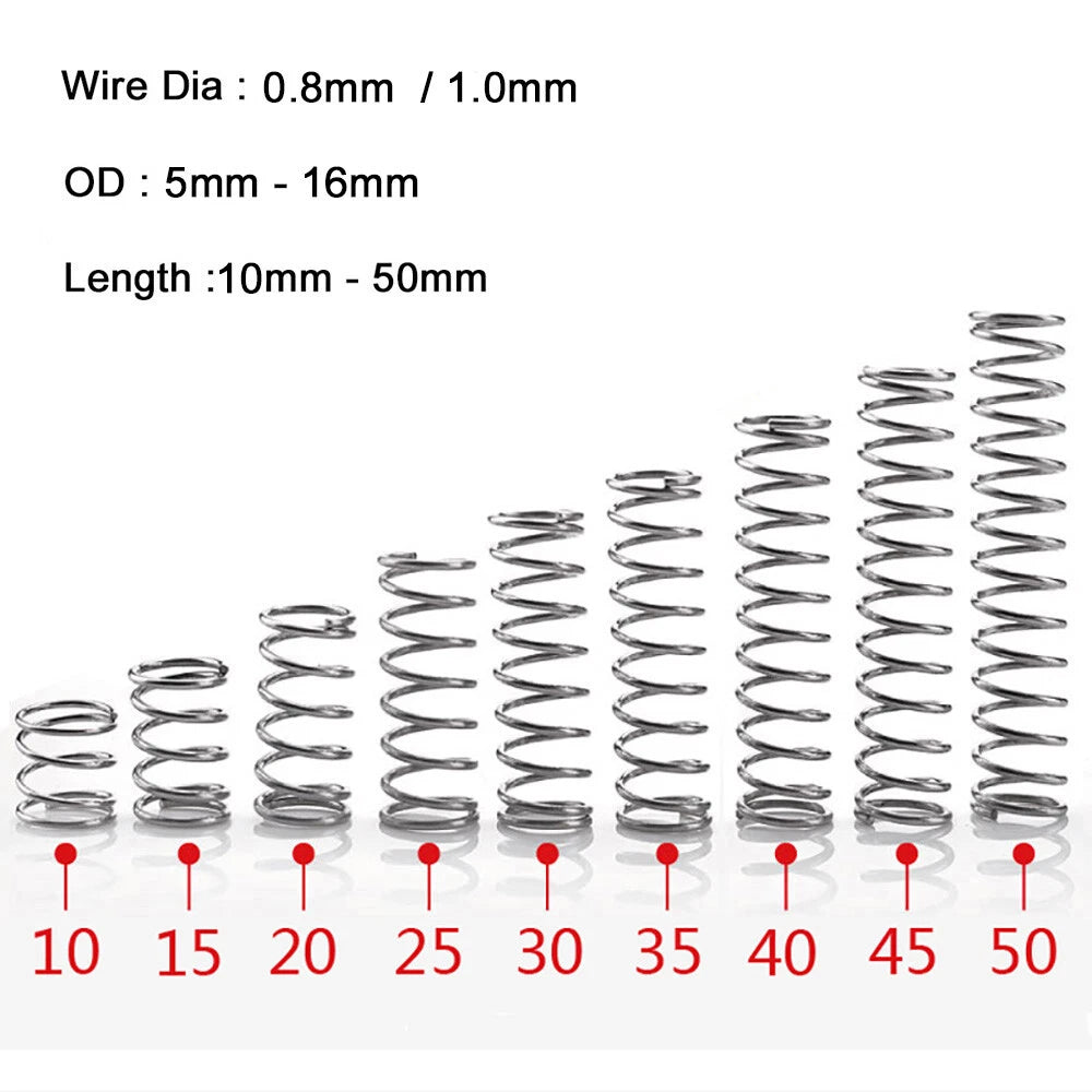 10Pcs Compression Spring Wire Dia 0.8mm 1.0mm A2 Stainless Steel OD 5mm-16mm DIY