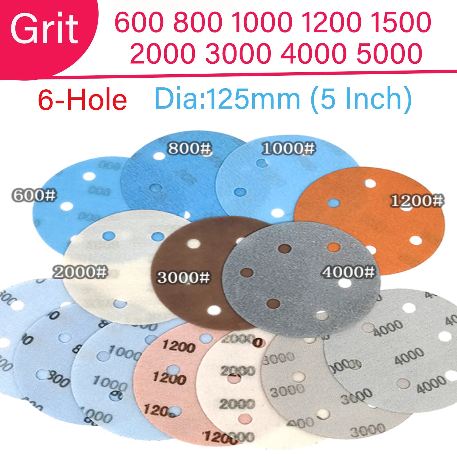 125mm sanding discs WET AND DRY 5 inch Sandpaper Film Pads 600-5000 GRIT 6 Hole