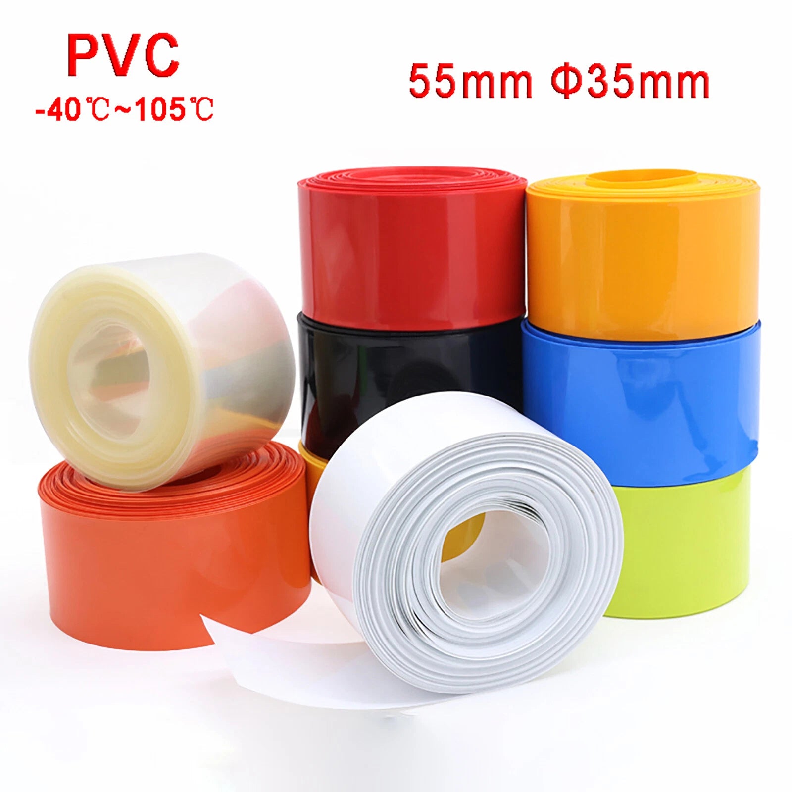 PVC Heat Shrink Tubing 55mm Flat Width — Battery Pack Wrap, 10 Colors, 1m–100m