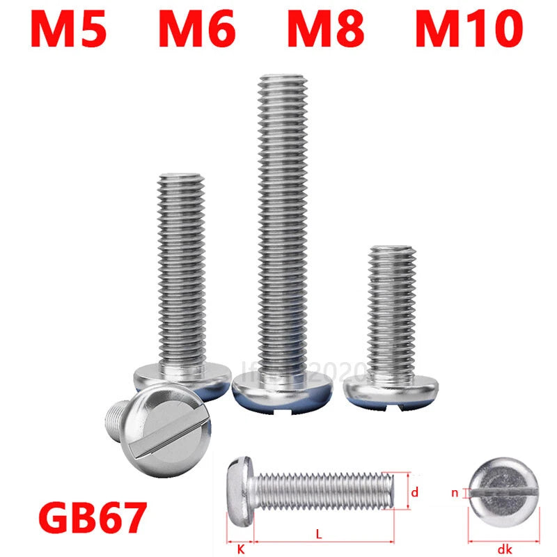 M5 M6 M8 M10 Slotted Pan Head Machine Screws – A2 Stainless Steel, DIN 85, Fully Threaded