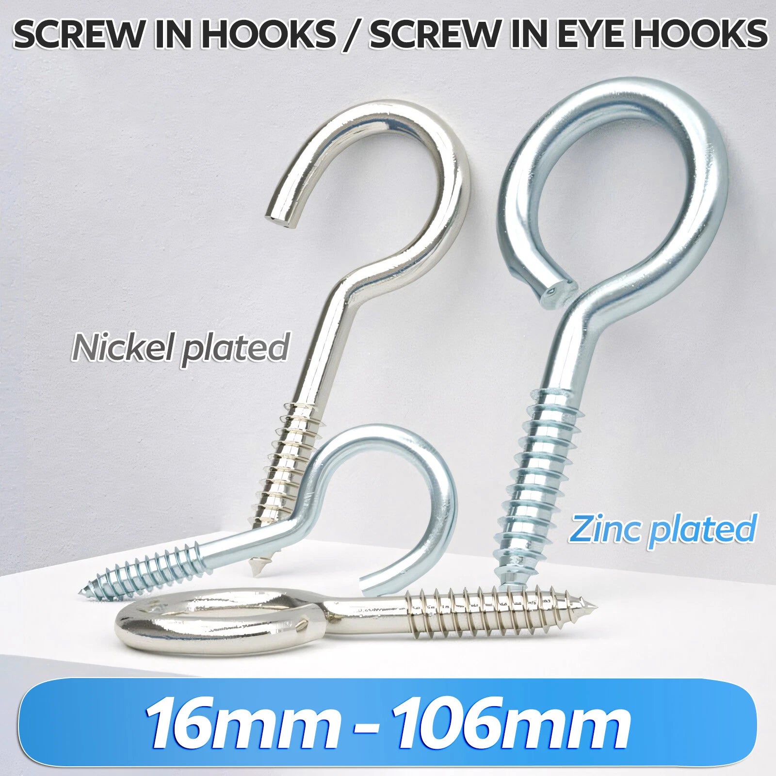 Screw-In Eye Hooks & Open Hooks — Nickel, Zinc & 304 Stainless, 16–106mm, All Sizes
