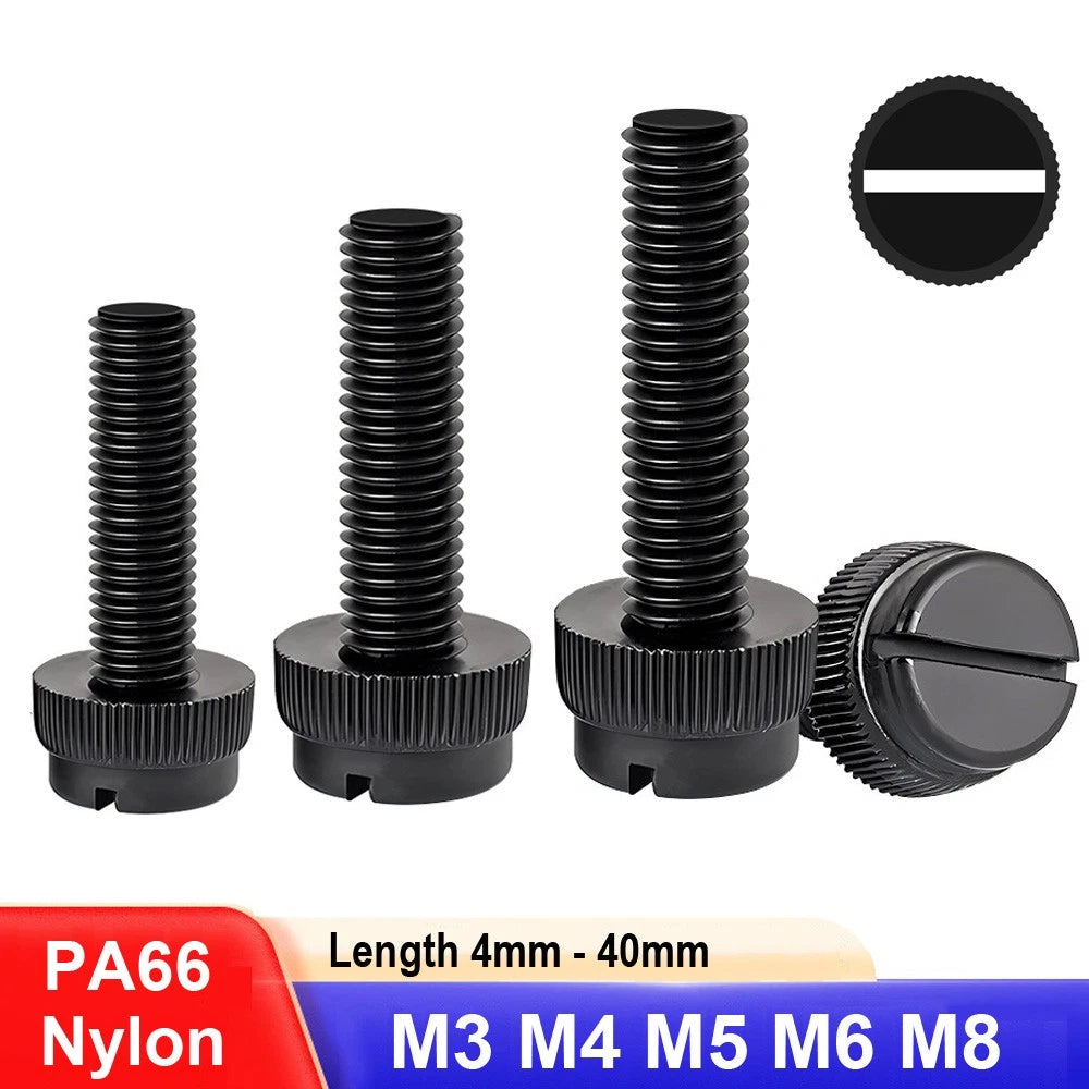 Black Nylon Thumb Screws — PA66 Knurled Slotted Head, M3 M4 M5 M6 M8