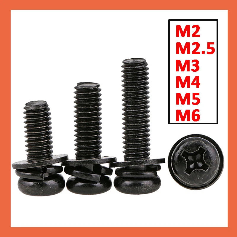 Black Zinc Pan Head Machine Screws with Washers, M2–M6 Pozi Phillips Drive