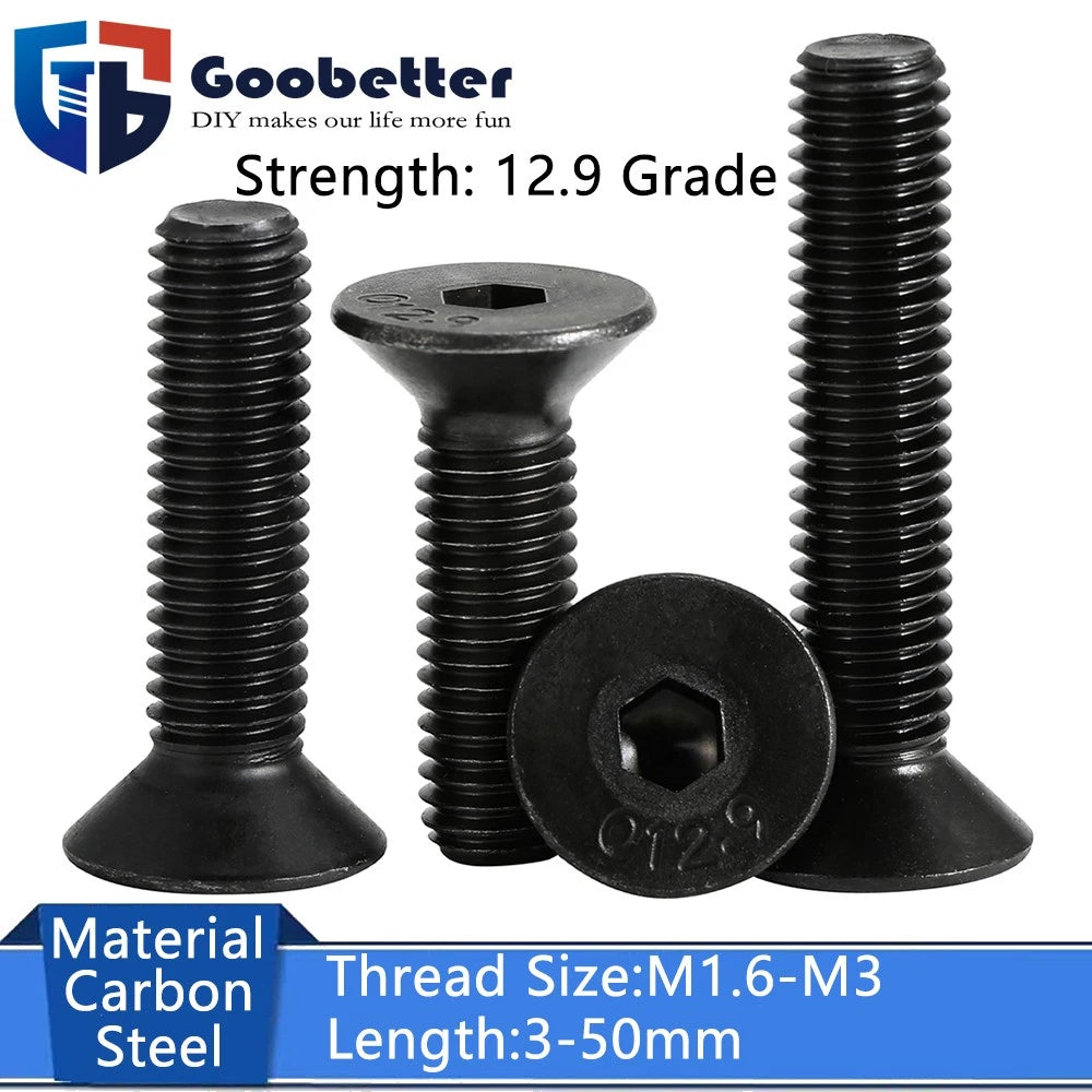 M1.6–M3 Countersunk Socket Head Screws – 12.9 Grade Carbon Steel, Flat Head, Fully Threaded (3–50mm Overall Length)
