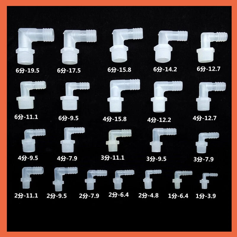 Plastic Male Thread Barbed 90° Elbow Hose Fitting — 1/8" to 3/4" NPT