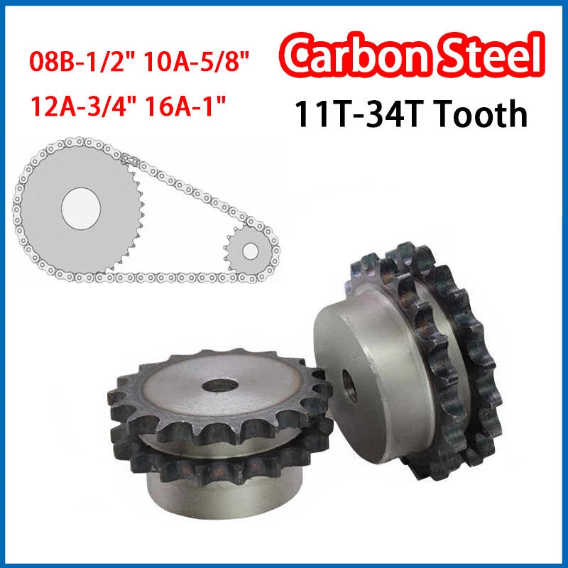 1/2" 5/8" 3/4" 1" Double Row Roller Chain Sprocket 11T-34T Tooth Carbon Steel