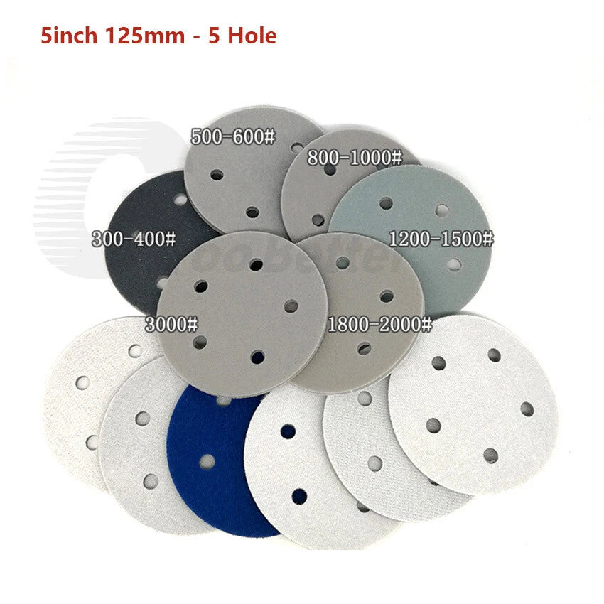 125mm Wet&Dry Foam Sanding Discs 5 Hole Hook Loop Sponge Sandpaper 300-3000 Grit