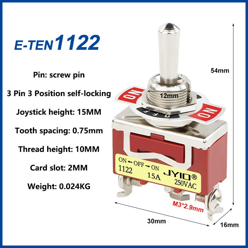 SPDT Toggle Switch ON-OFF-ON 3 Position 3-Pin 15A 250VAC — E-TEN 1122