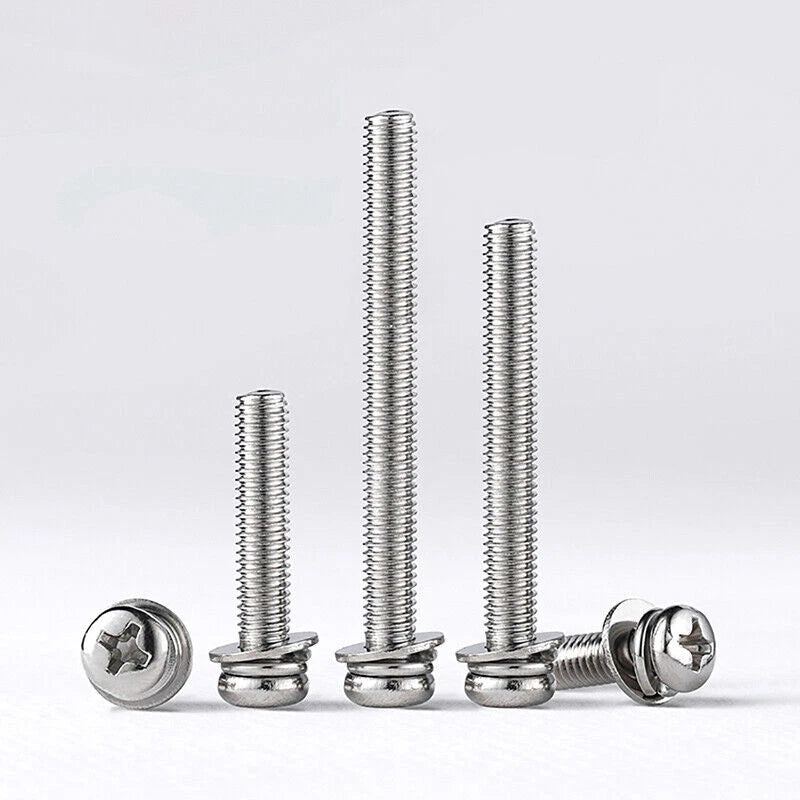 M4 M5 Phillips Pan Head Screws with Washer – 304 Stainless Steel Machine Bolts, Fully Threaded