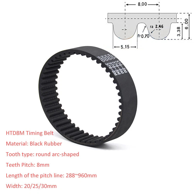 HTD 8M Timing Belt — 8mm Pitch 288mm to 960mm Black Rubber Drive Belt