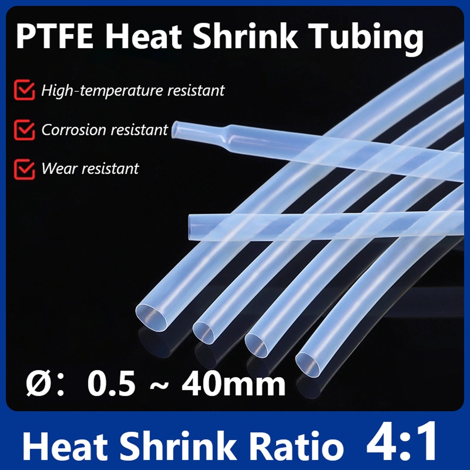 PTFE 4:1 Heat Shrink Tubing 260°C High Temp — 0.5mm to 40mm