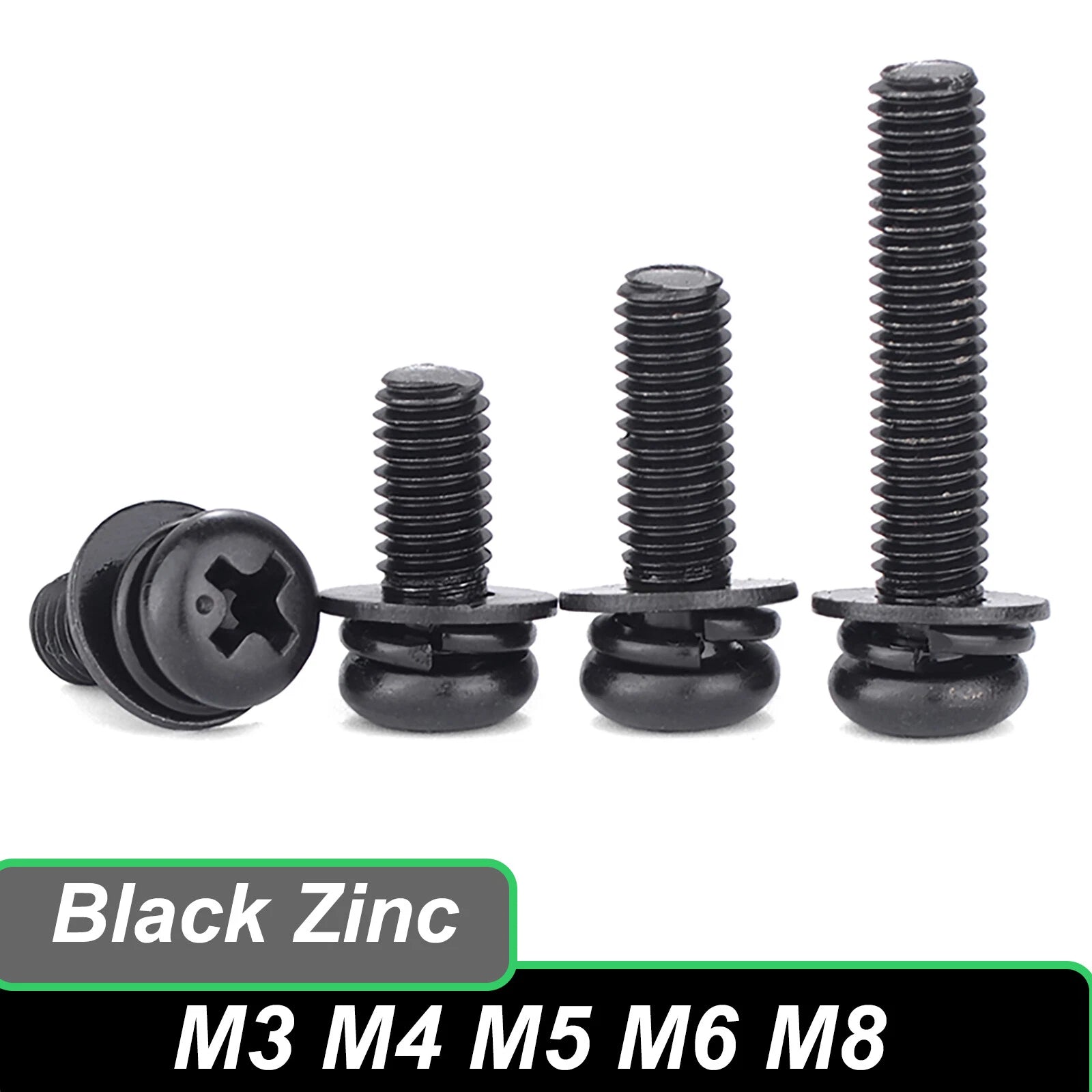 M3 M4 M5 M6 M8 Black Zinc Pan Head Machine Screws with Spring & Flat Washers
