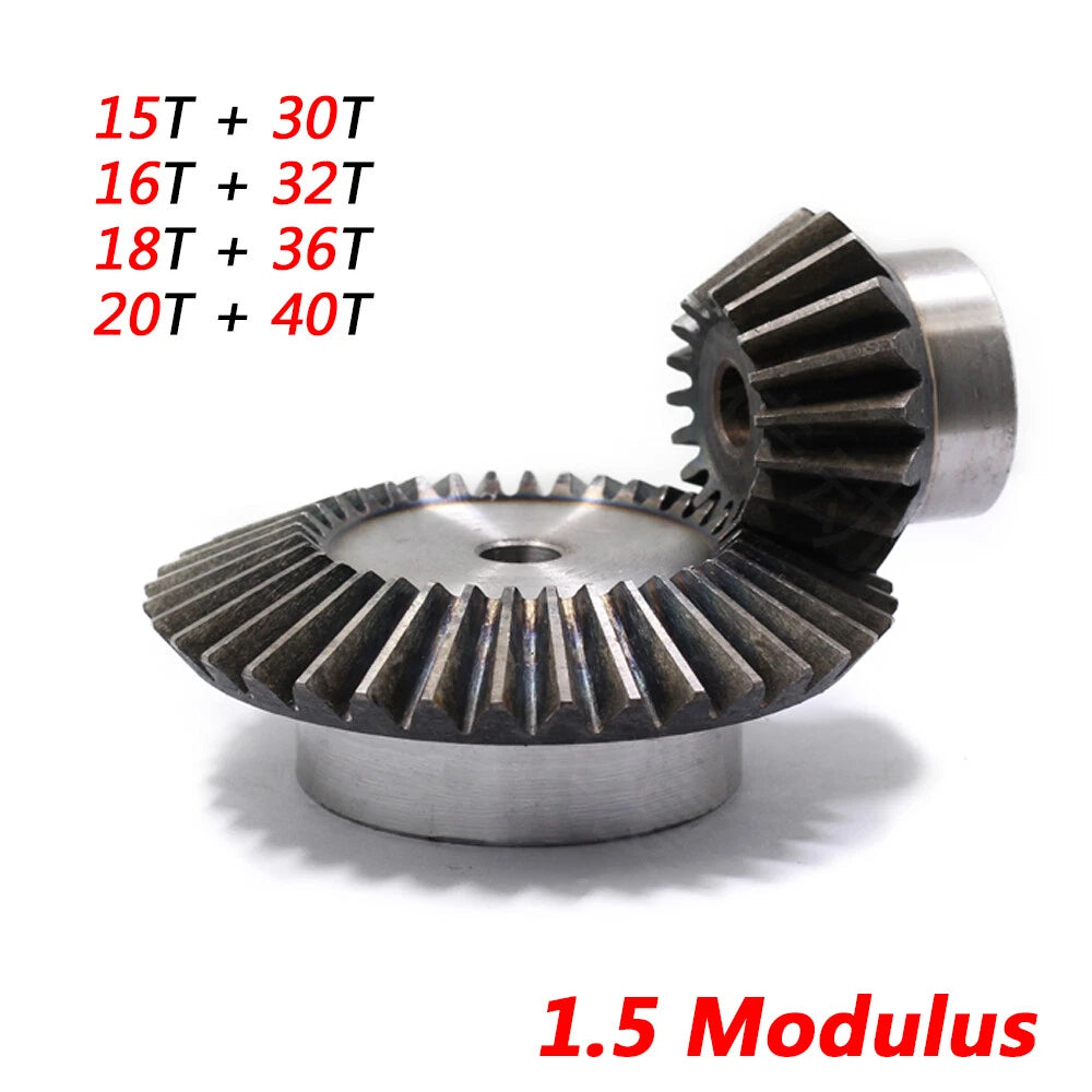 1 Pair 1.5 Modulus Bevel Gears Combination 1:2 Pairing 90° 15T to 40T C45 Steel