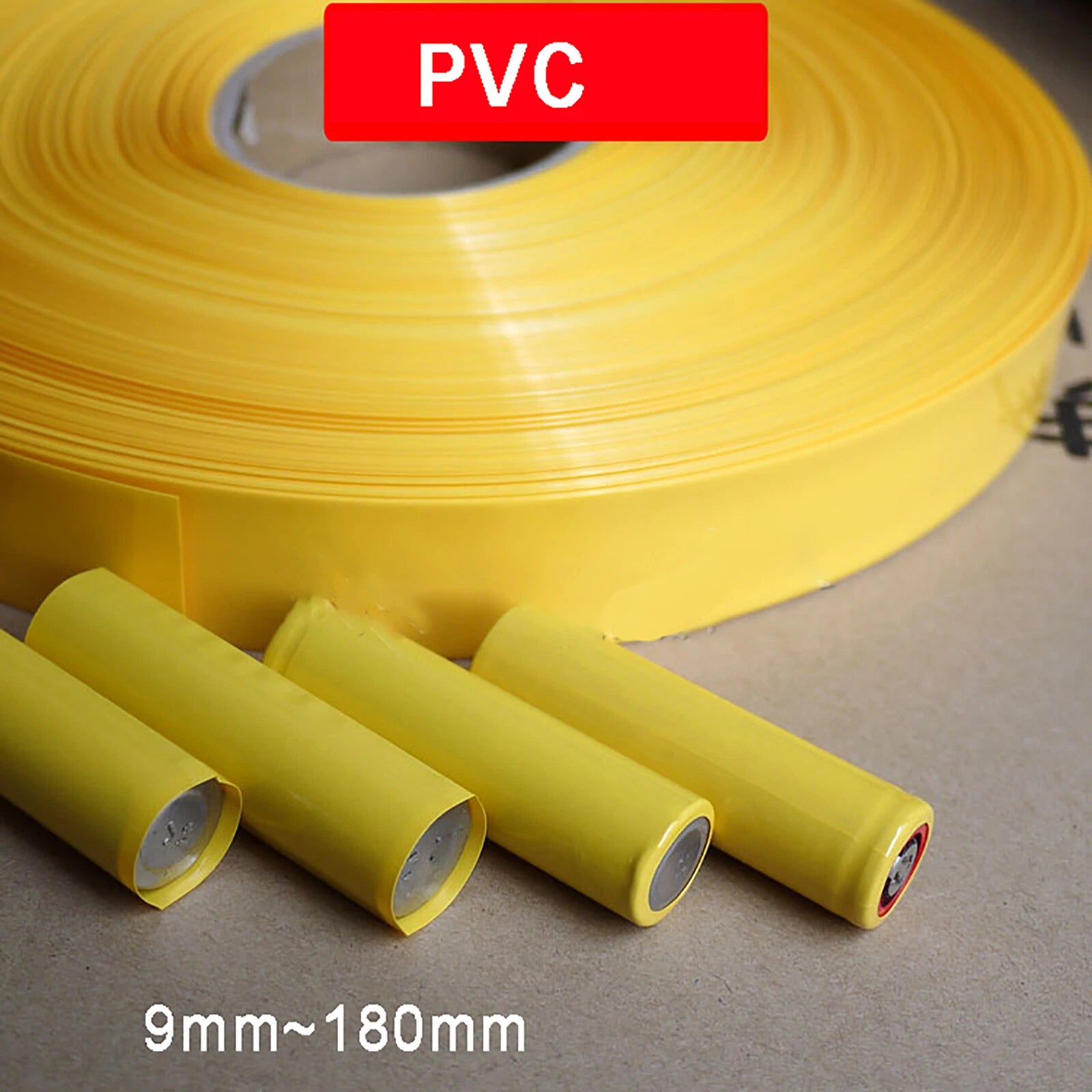 Yellow PVC Heat Shrink Tubing — 9mm to 180mm Flat Width, 1m to 200m Rolls