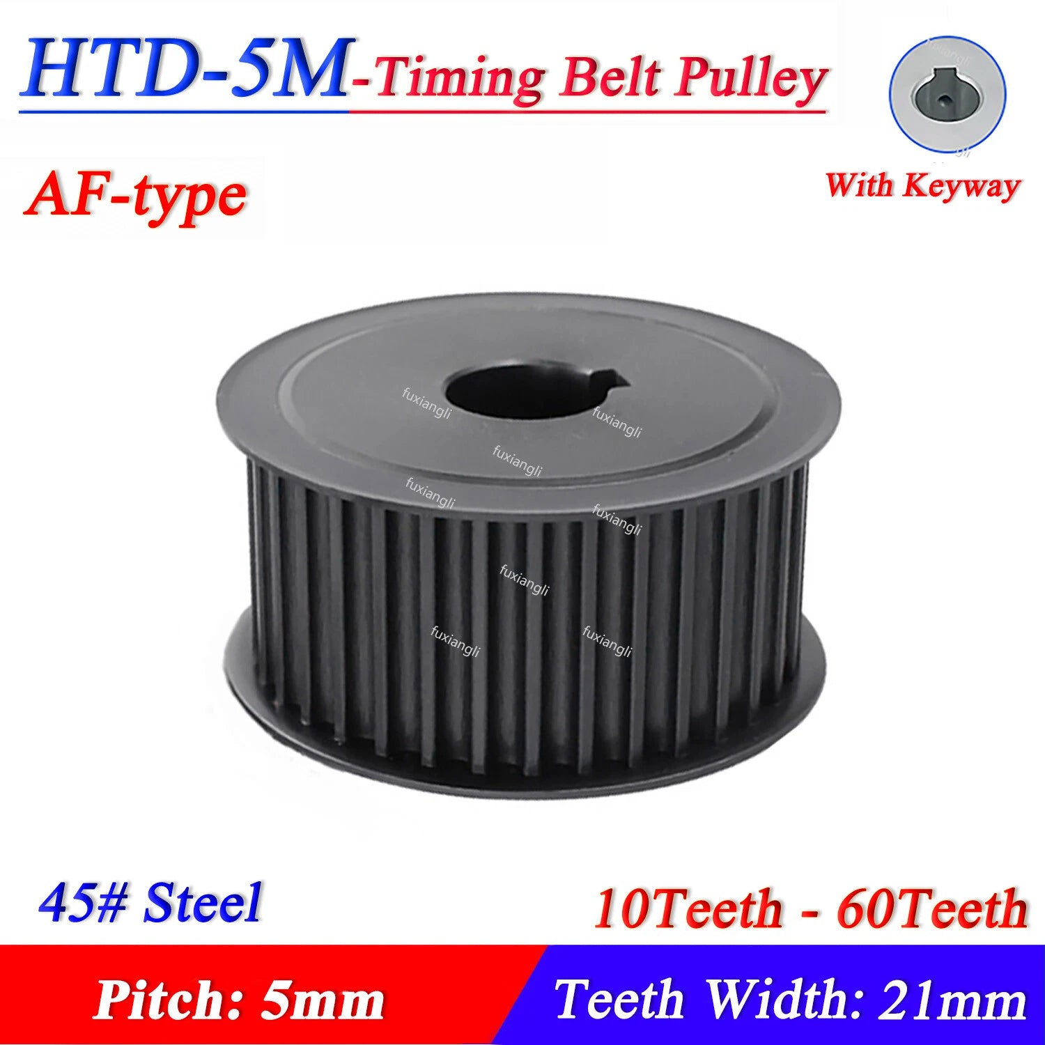 HTD-5M 16T-60T Timing Belt Pulleys Pitch 5mm AF Width 21mm With Keyway 45# Steel