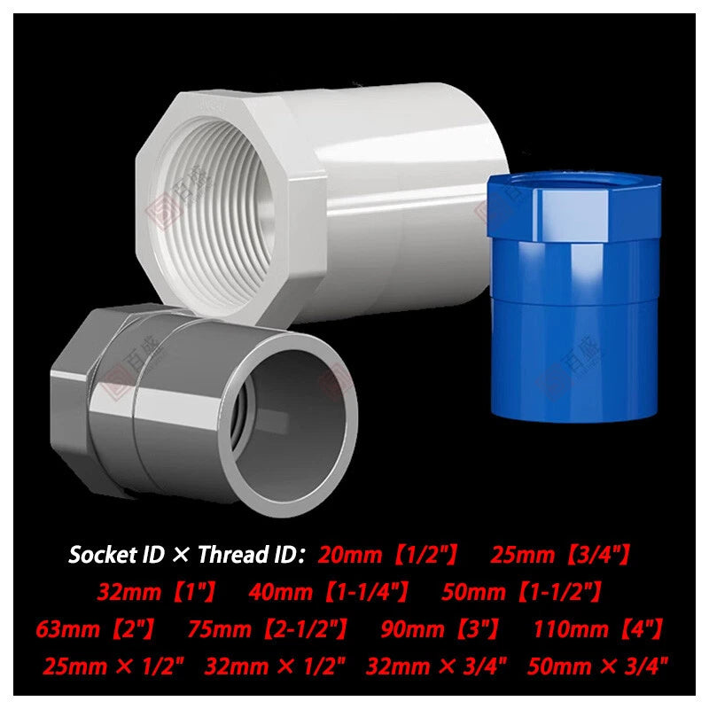 PVC Plastic Pipe Fittings Bsp 1 2" ~ 4" Female Threaded Coupling Adapter Socket