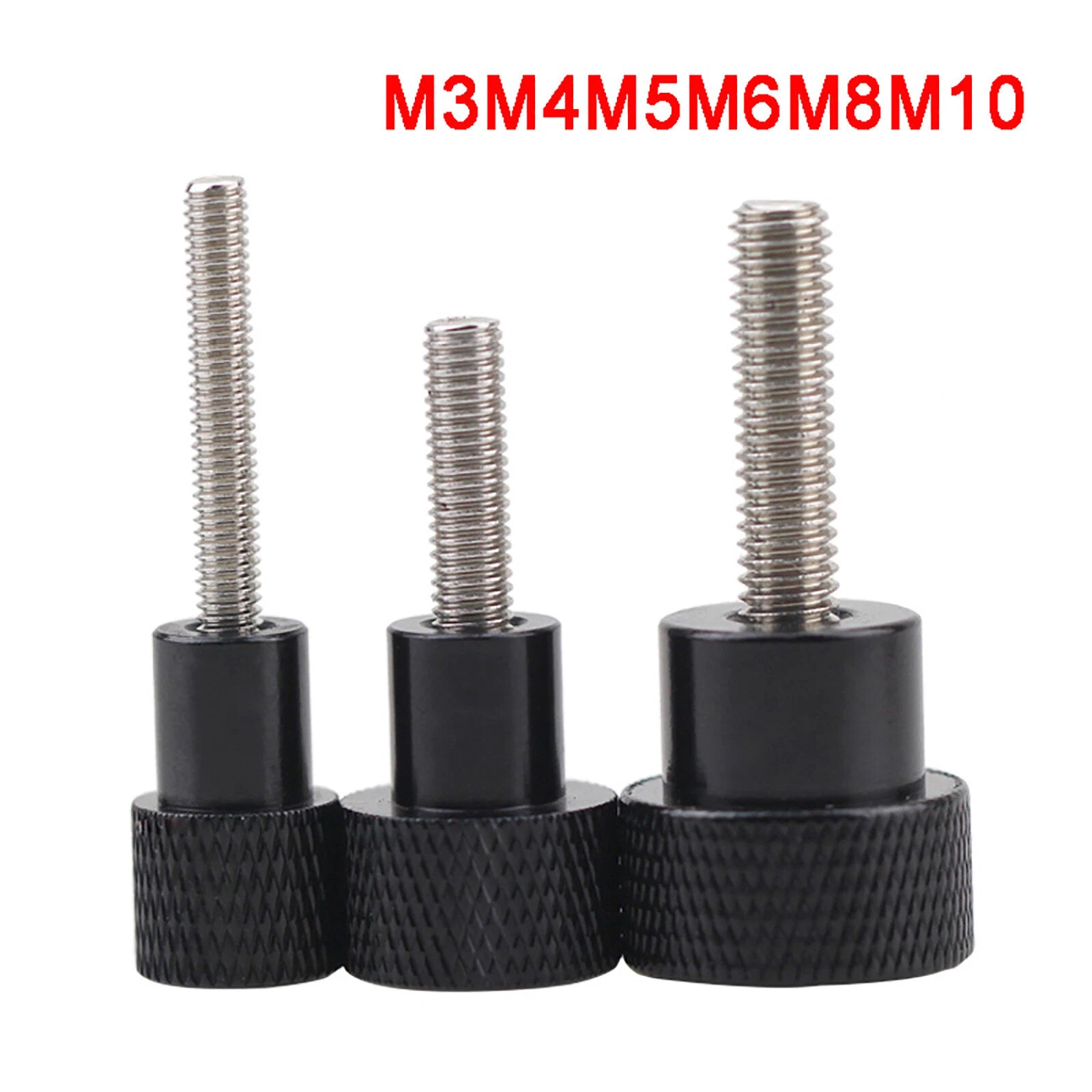 Black M3/4/5/6/8/10 Knurled Thumb Screws, Aluminum Handle + Stainless Thread Rod