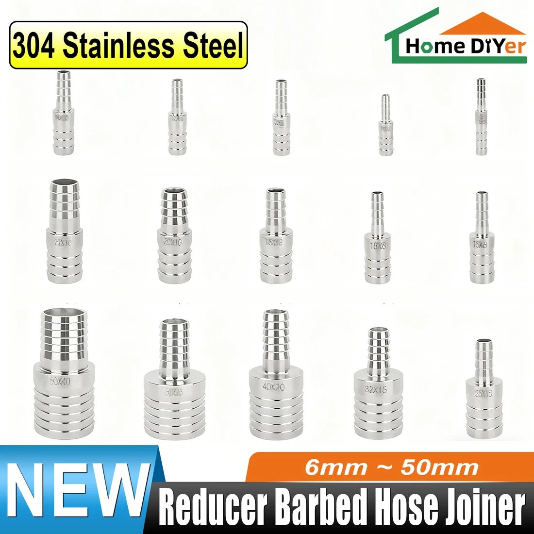 6mm~50mm Stainless Reducer Barbed Hose Joiner Connector Air Water Pipe Gas Tubi