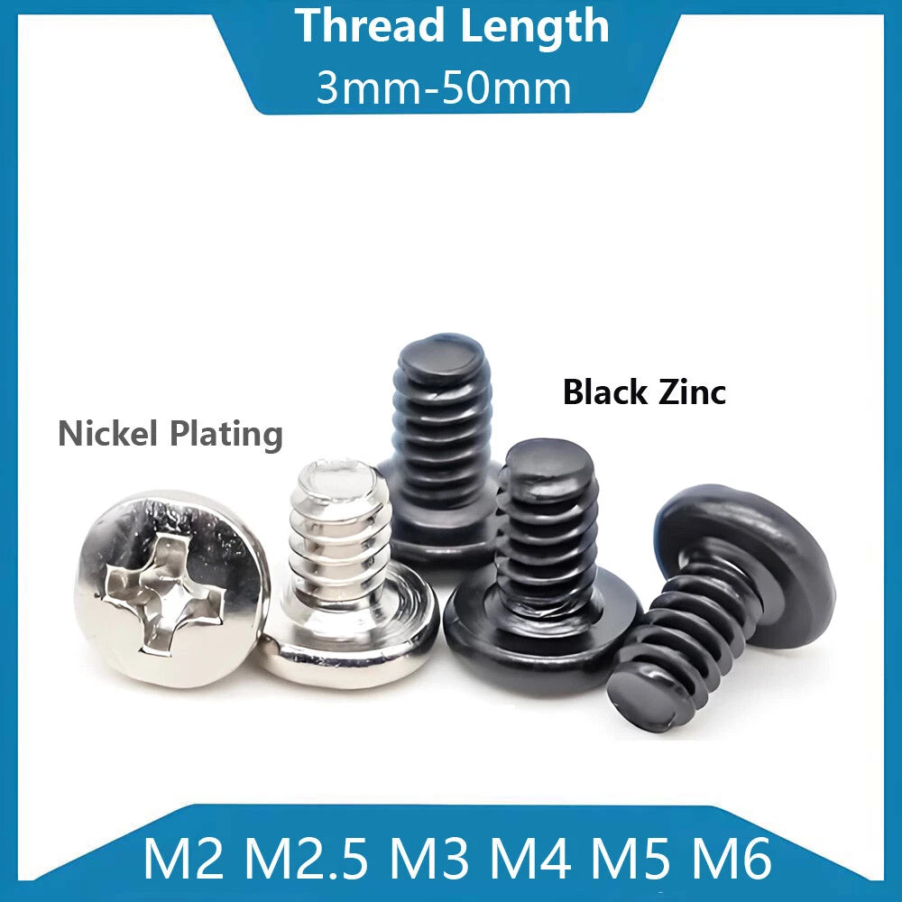 Phillips Pan Head Machine Screws — Nickel Plating & Black Zinc, M2–M6, 10 or 25 Pcs