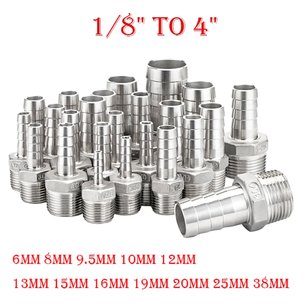 Stainless Steel BSP Male Thread x Barb Hose Tail Connector | 1/8" to 4"