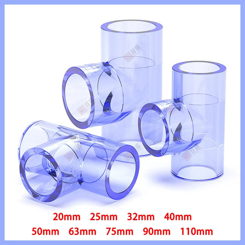 Clear PVC Tee T Piece Connector Adhesive Pipe Fittings ID 20-110mm Aquarium Pond