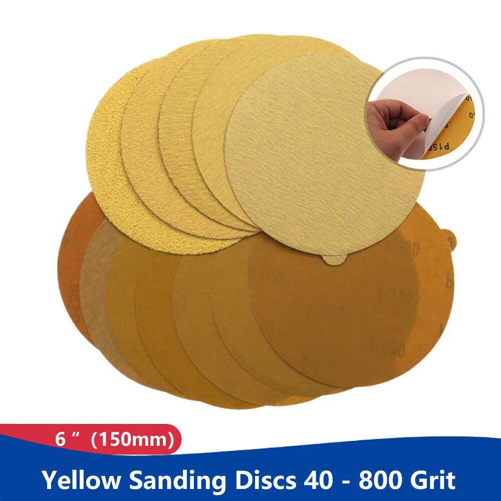 6" 150mm Yellow Self-Adhesive Sanding Discs for Orbital Sander | 40-800 Grit PSA Sandpaper