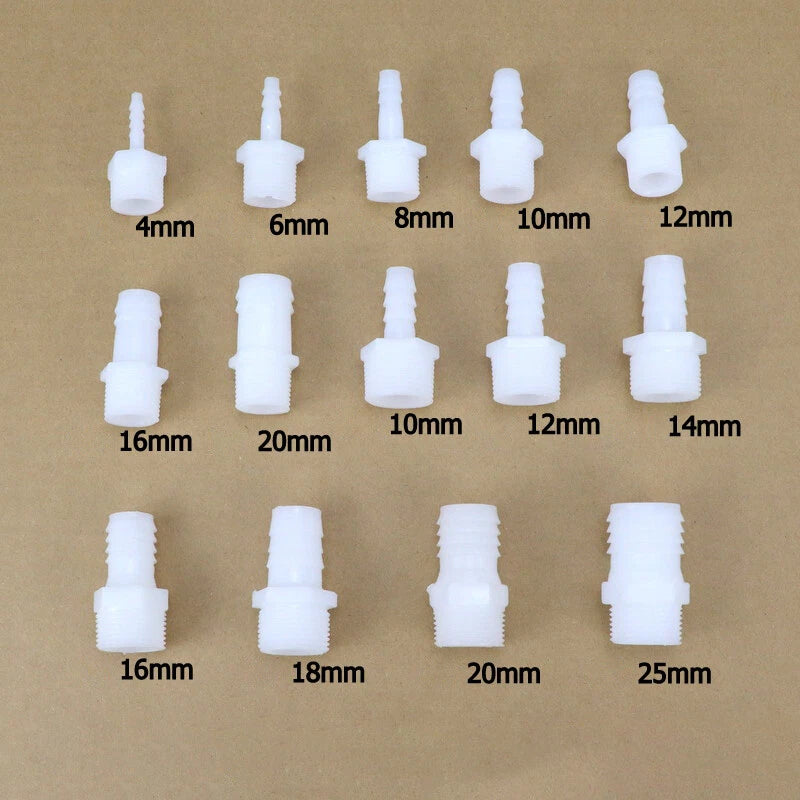 Male Thread Barbed Hose Connector — Straight Plastic Fitting, 1/2" & 3/4" Thread, 4mm–25mm Barb