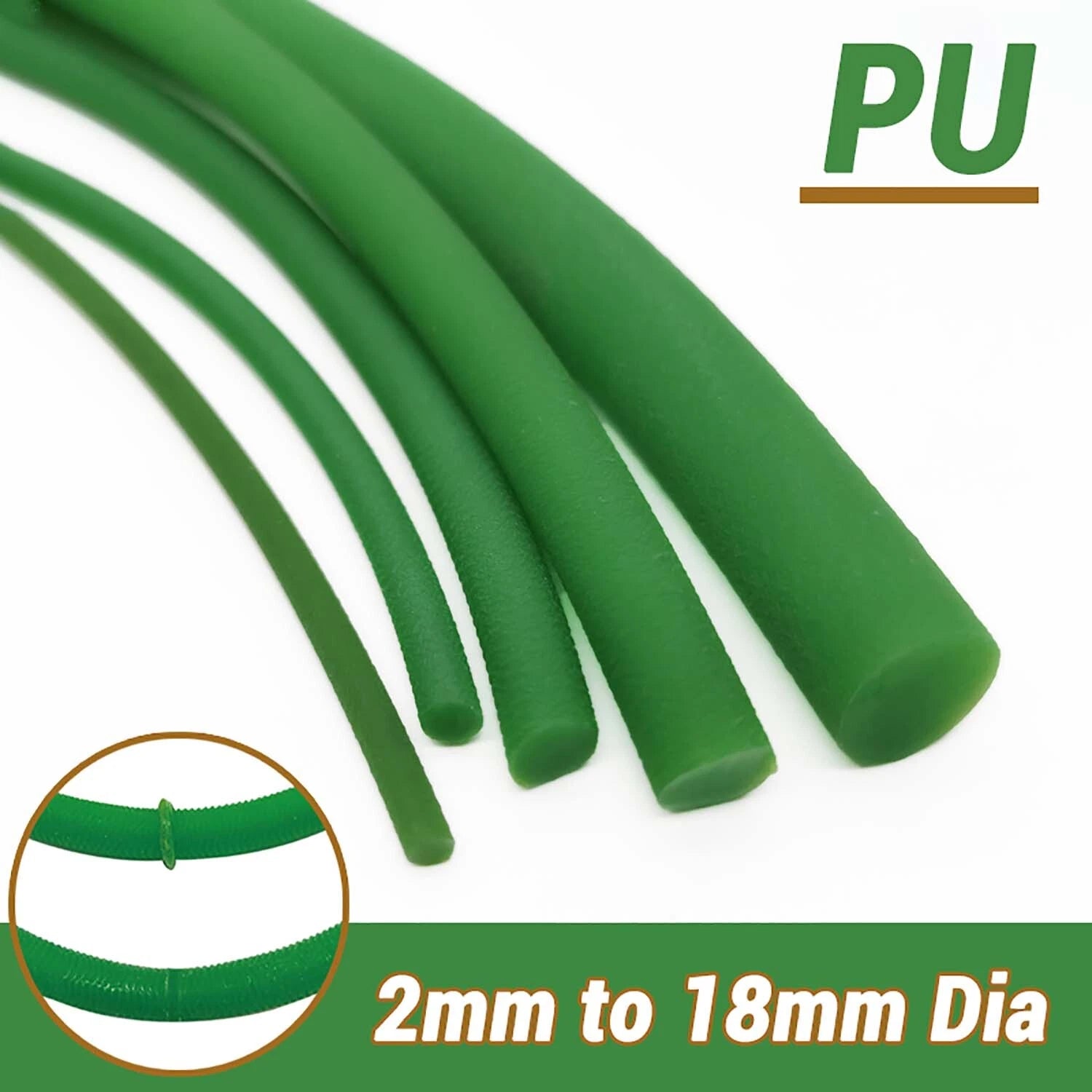 Round Urethane Drive Belt — Rough Surface Green, 2mm to 18mm Diameter