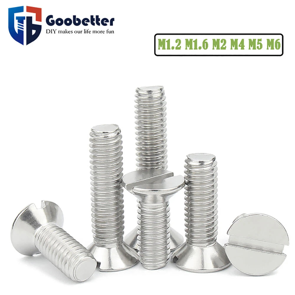 Slotted Countersunk Machine Screws – A2 Stainless Steel, M1.2 to M6, Fully Threaded