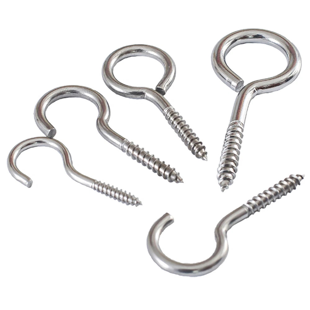 A2 Stainless Steel Screw Eyes and Hooks — Metric Wood Thread, M3 to M8