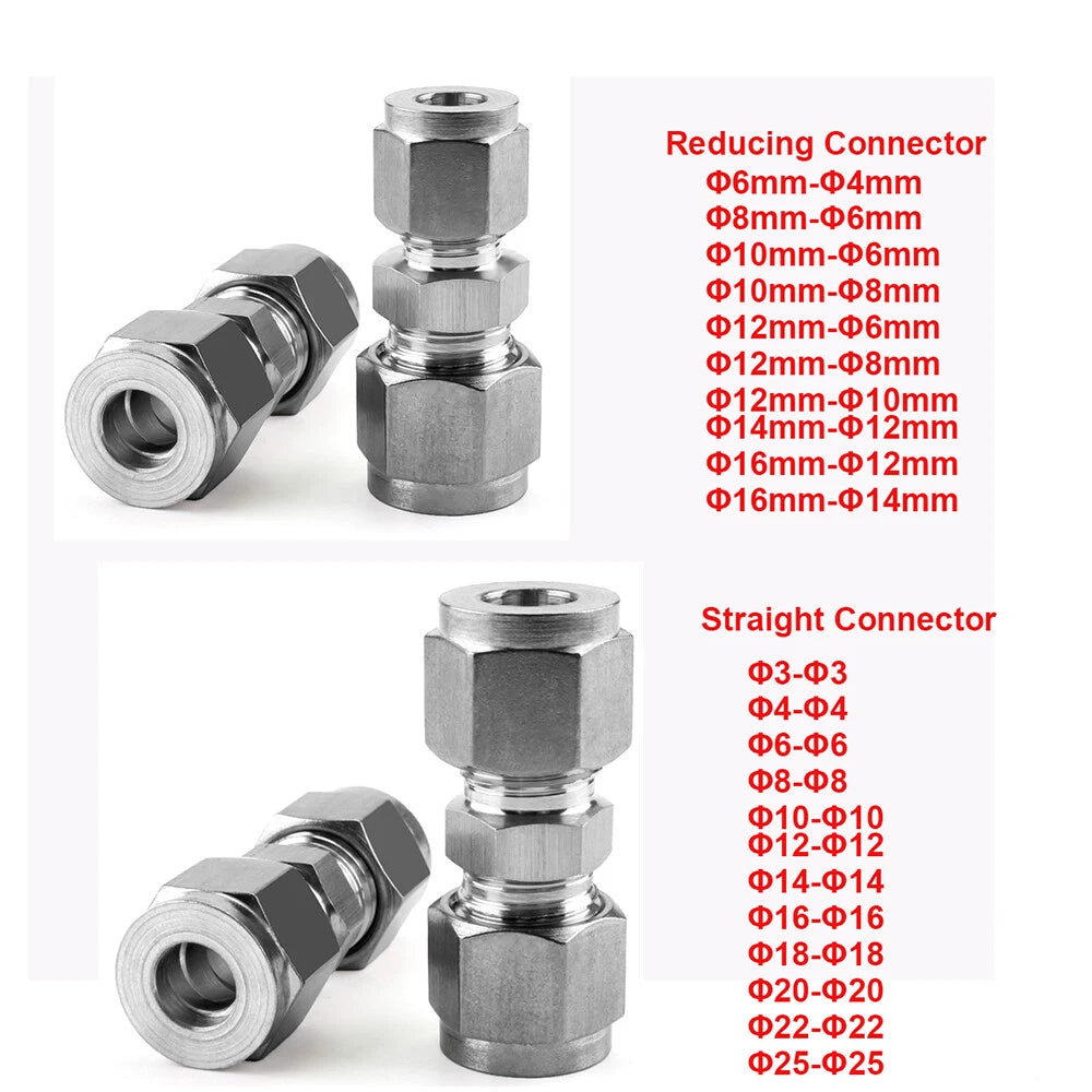 Stainless Steel Compression Fittings — Straight & Reducing Connectors, Φ3mm–Φ25mm