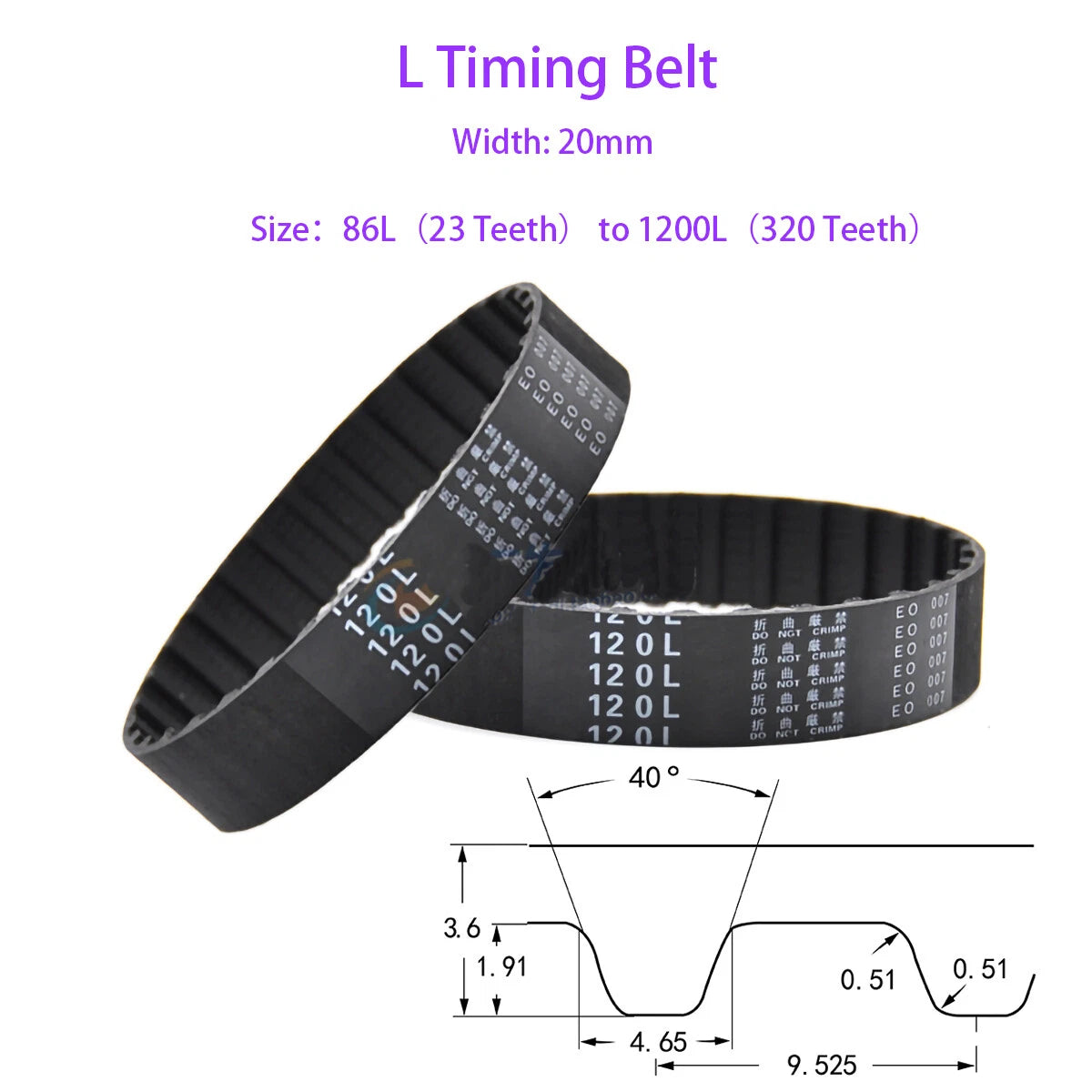 20mm Wide L Timing Belt | 86L–1200L | 9.525mm Pitch | CNC & Step Motor Drive Belt