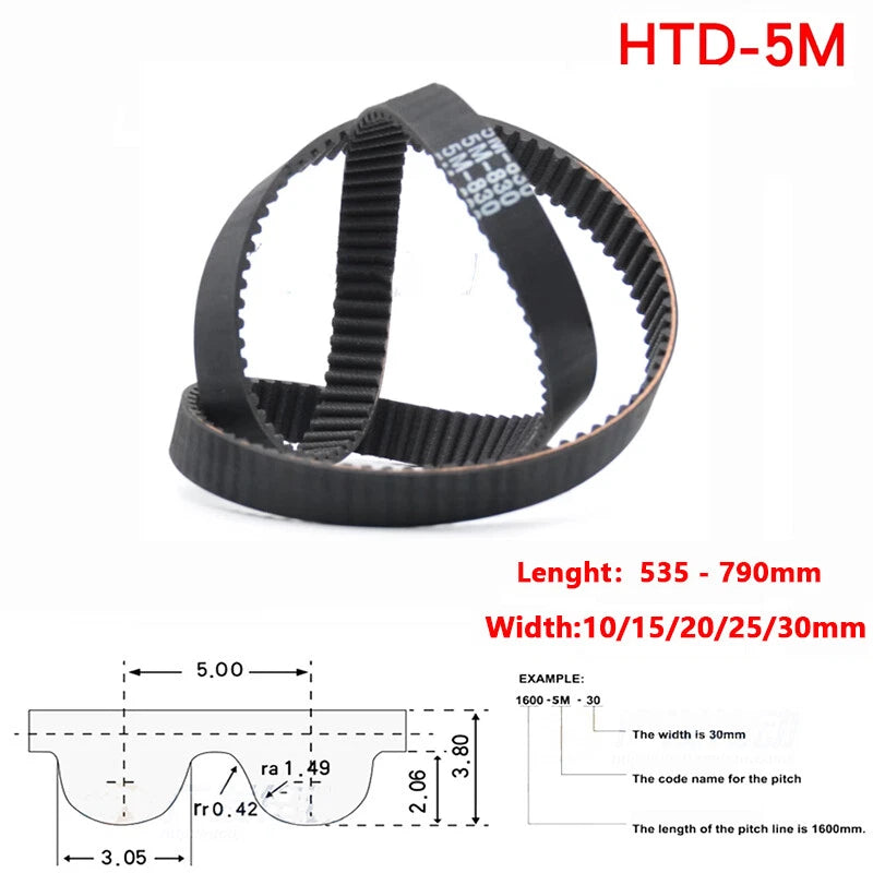 HTD-5M Timing Belt 5mm Pitch Closed Loop — 10/15/20/25/30mm Wide, 500–790mm, CNC Robotics