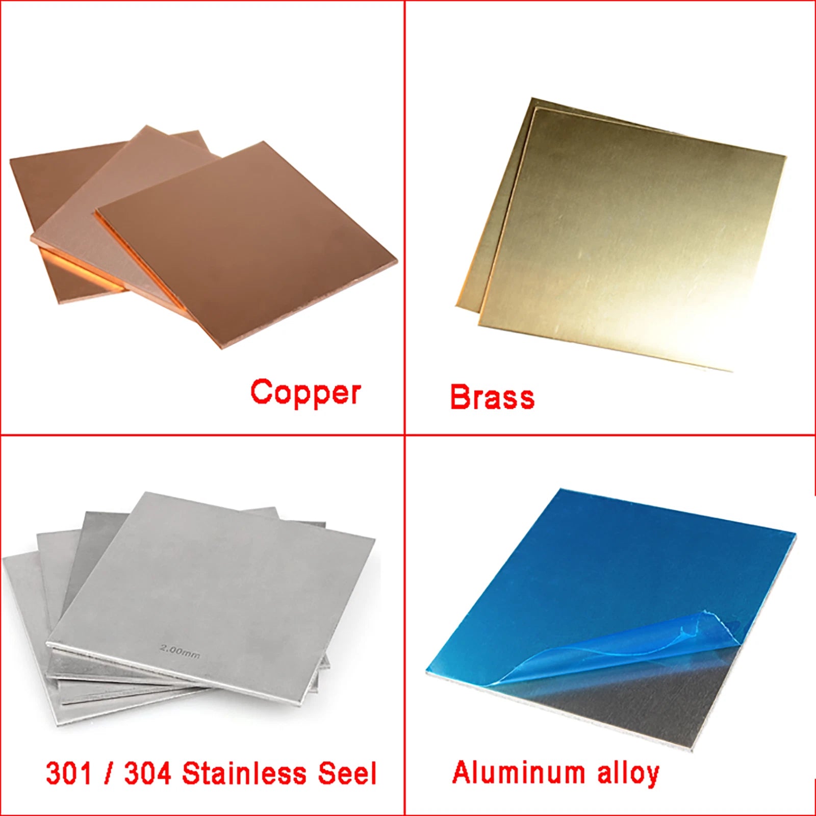 Copper, Brass, Aluminum, Stainless Sheet Square Plate 0.01-10mm | 100,200,300MM