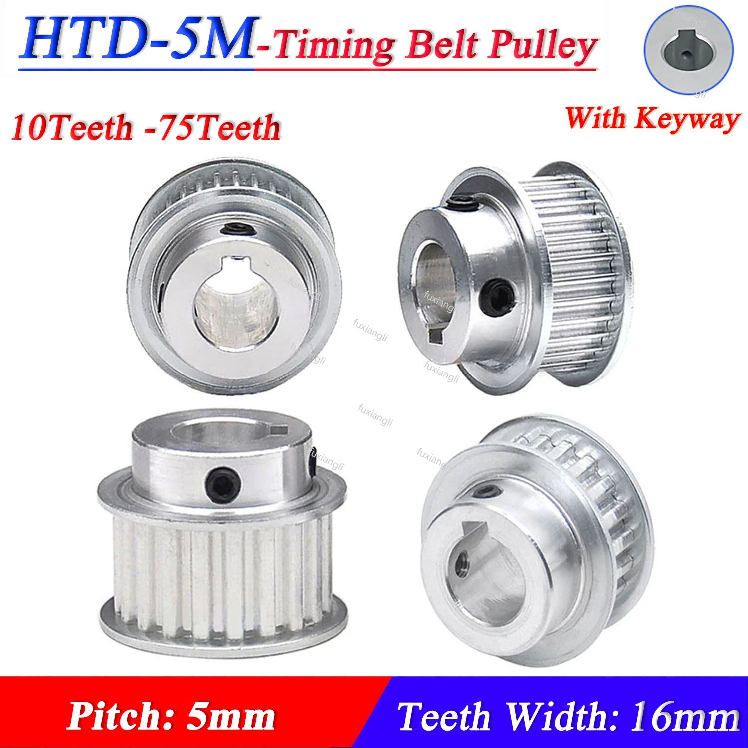 HTD-5M 10-75Teeth Timing Belt Pulley Pitch 5mm With Keyway CNC Drive Width 16mm