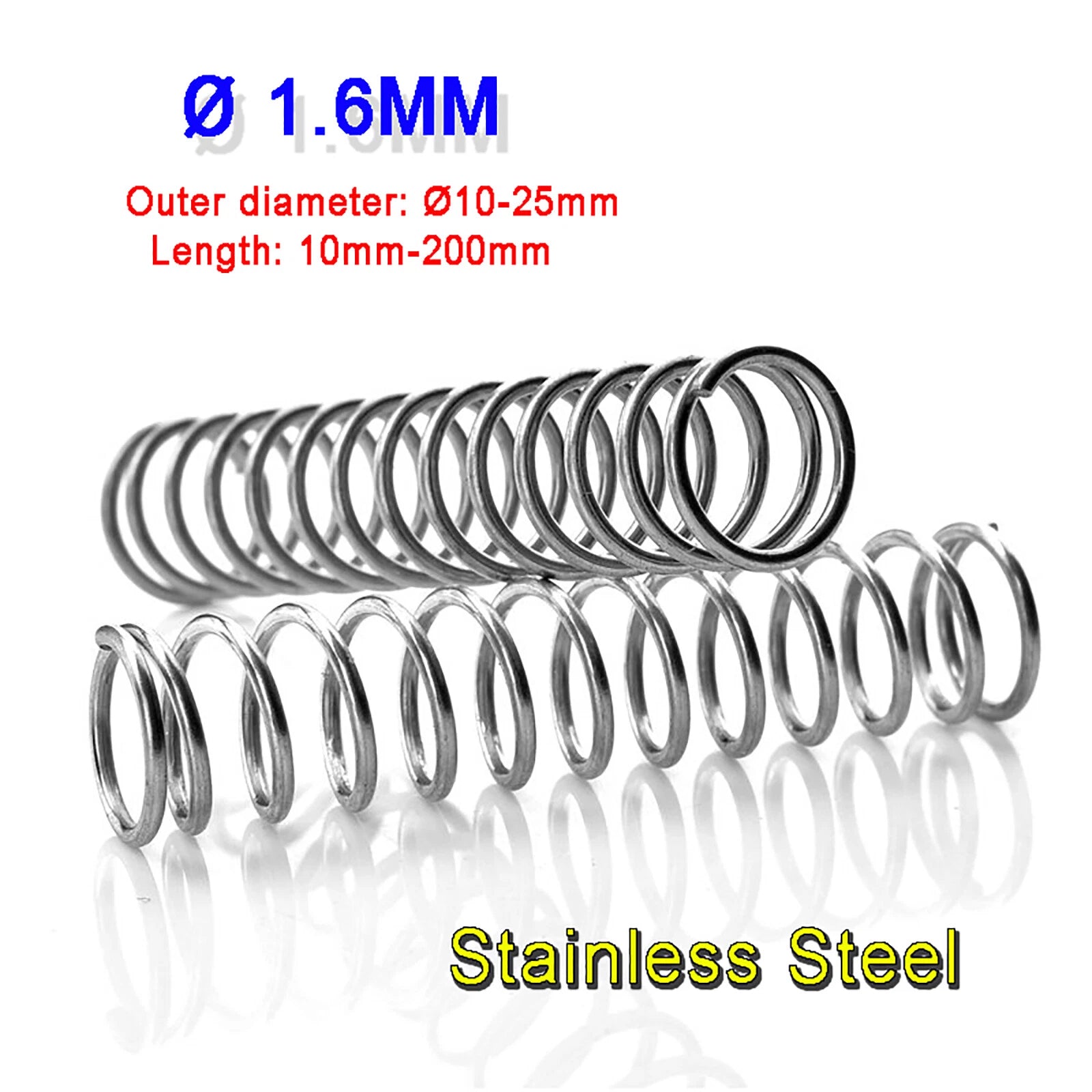 Stainless Steel Compression Springs Spring Ø1.6mm wire, OD Ø10-25mm, L= 10-200mm
