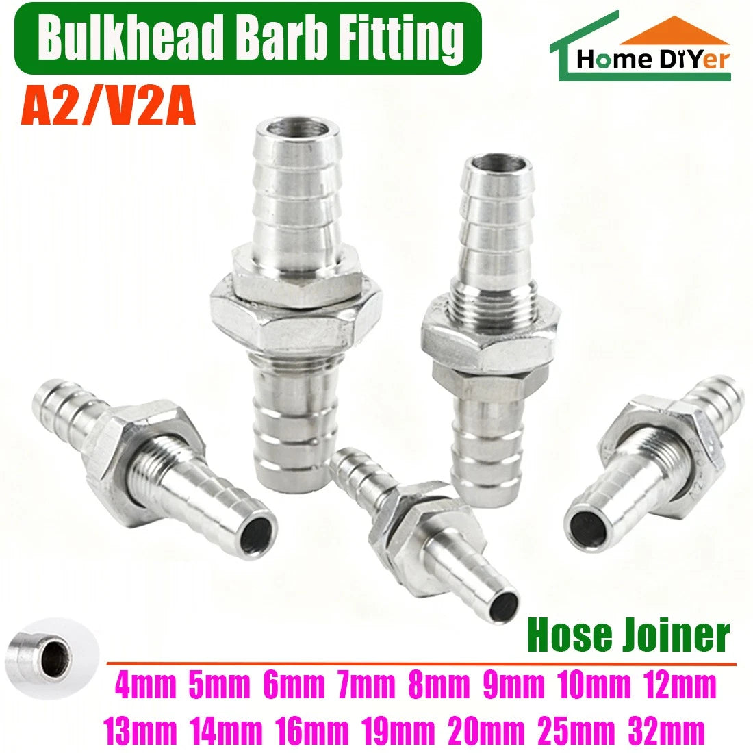 Stainless Steel Bulkhead Barb Fitting — Barbed Hose Tail Connector & Tube Coupler Adapter