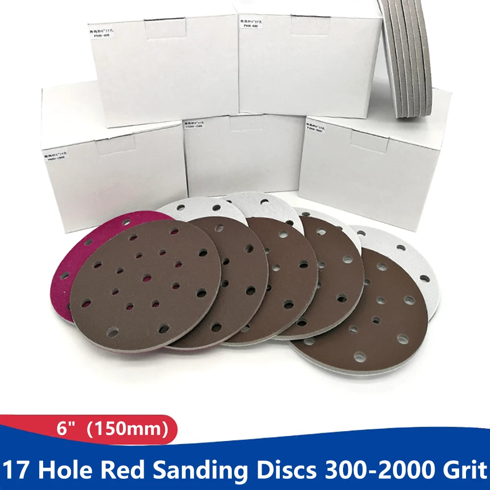 6"(150mm)Hook & Loop Sponge Sandpaper 17 Hole Red Sanding Discs 300 - 2000 Grit