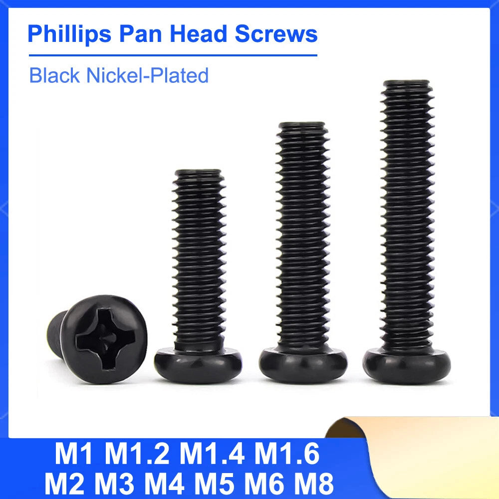 Black Phillips Pan Head Machine Screws – Carbon Steel Nickel Plated, M1 to M8 (2–50mm Lengths)