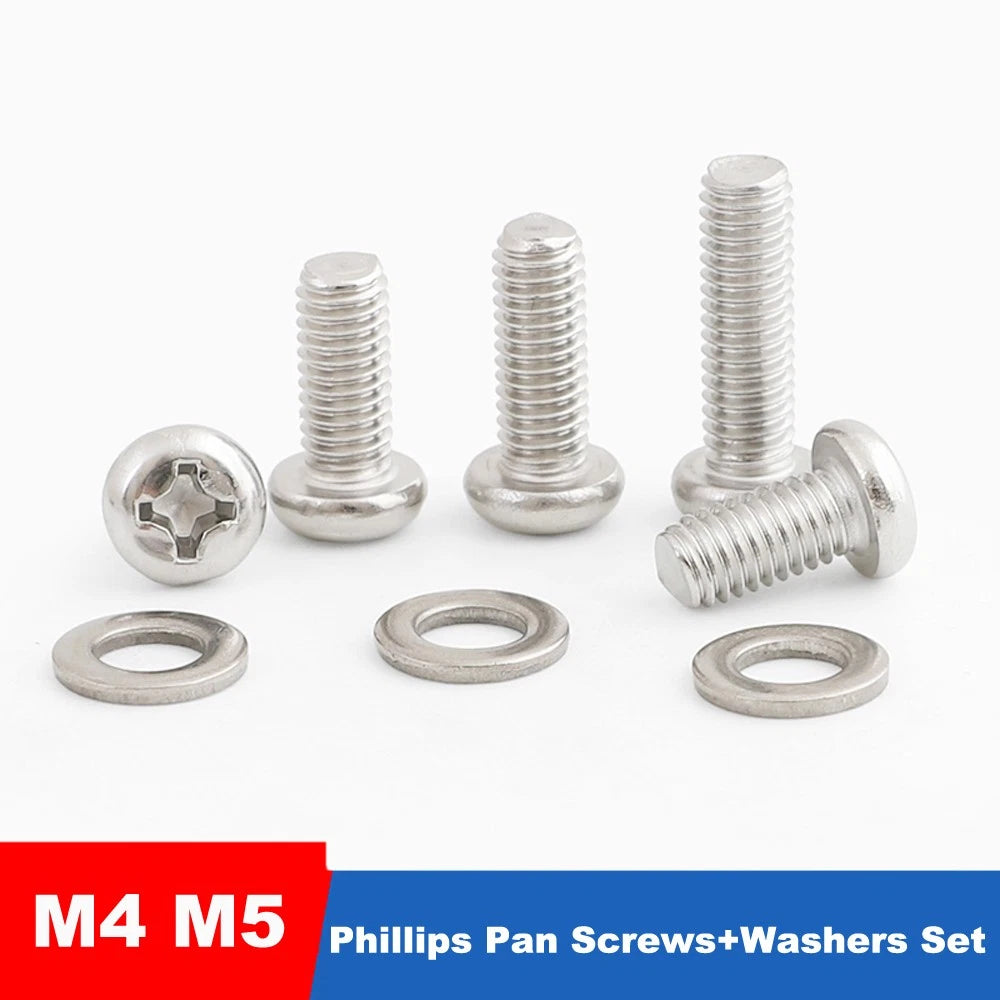 M4 M5 Phillips Pan Head Machine Screws with Gaskets – A2 Stainless Steel, Corrosion‑Resistant (8–20mm Lengths)
