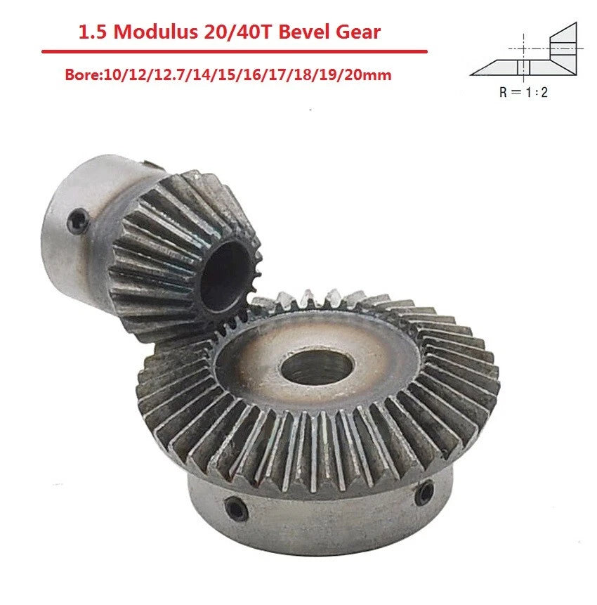 1.5 Modulus Metal Umbrella Gear 20/40T 90° 1:2 Pairing Bevel Gear Bore 8-20mm
