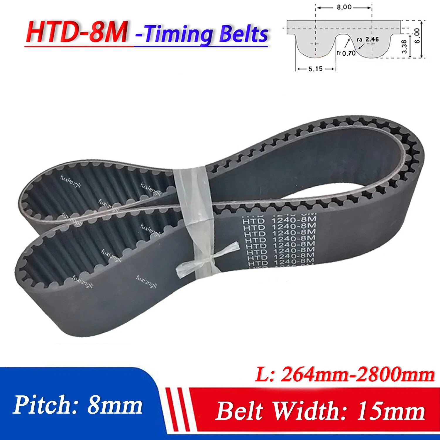 HTD 8M Timing Belt 15mm Wide – Closed Loop Rubber Drive Belt for CNC & Machinery