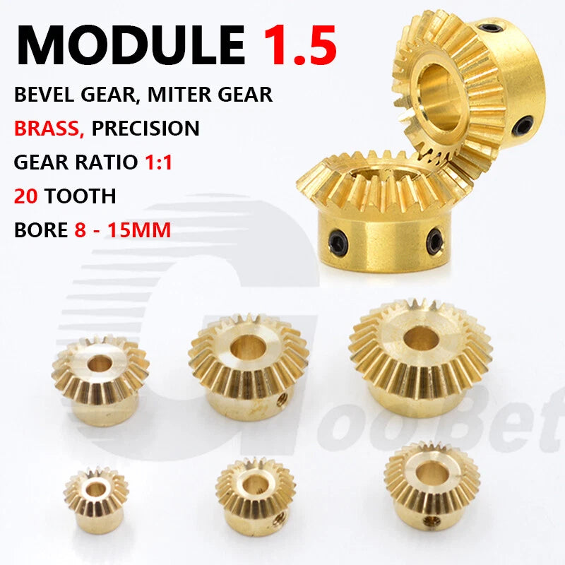 Mod 1.5 Bevel Gear Brass 1:1 Pairing 20 Tooth Miter Gear Bore 8mm-15mm Precision
