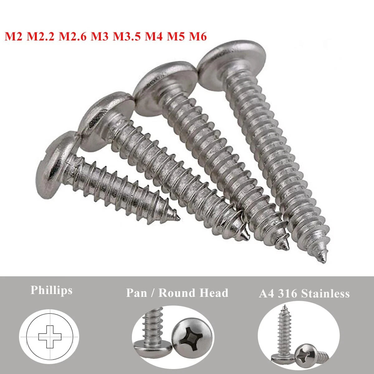 M2–M6 Pan Head Self Tapping Screws – A4 316 Stainless Steel